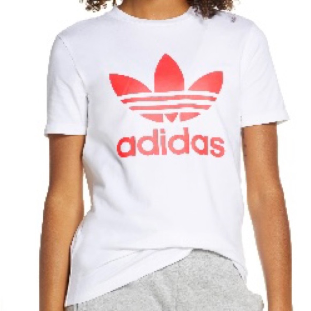 Adidas Pink Trefoil Logo White Short Sleeve Classic Tee Shirt
